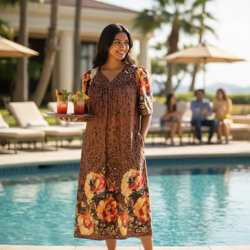 Anthony Richards Leopard Floral Dress L Brown Animal Print Caftan Boho Midi